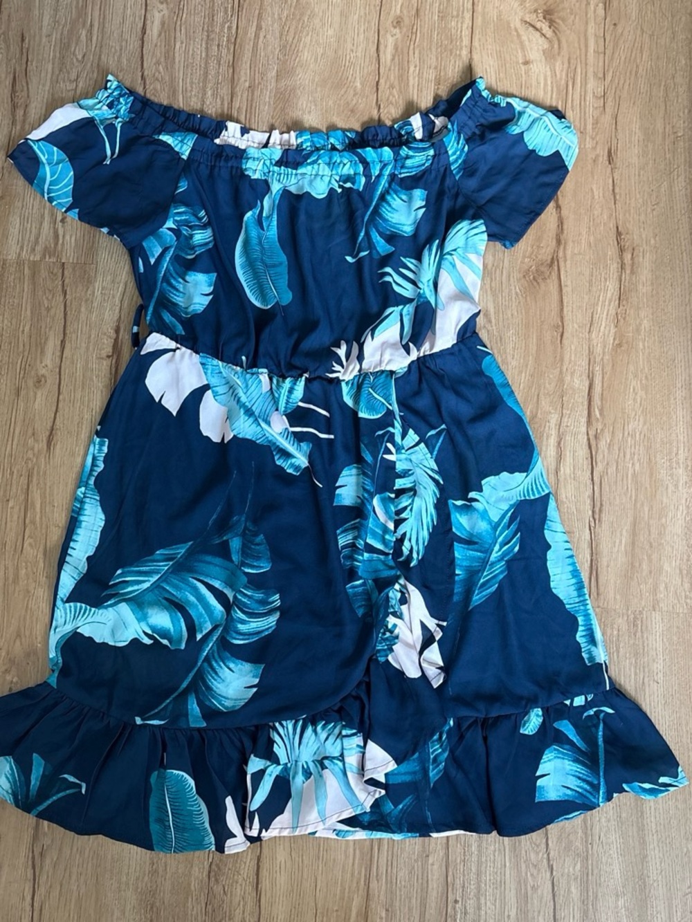 Navy Blue Tropical Strapless Dress with Teal Leaf Print